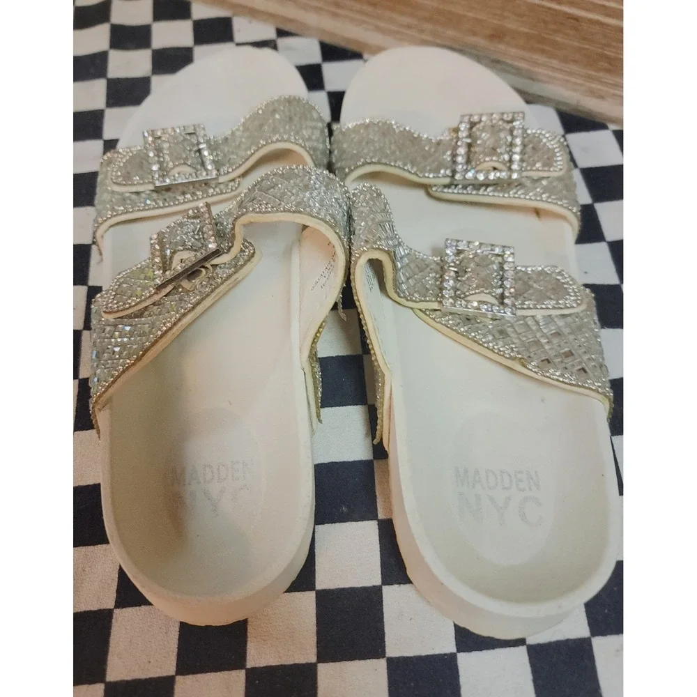 Madden NYC Women's Rhinestone Double Buckle Slide Sandals White Size 8.5
